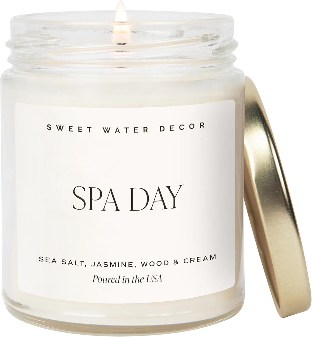 Sweet Water Decor Spa Day Soy Candle - Sea Salt, Jasmine, Wood and Cream Scented Spring Candles for Home - 9oz Clear Jar + Gold Lid, 40+ Hour Burn Time, Made in The USA