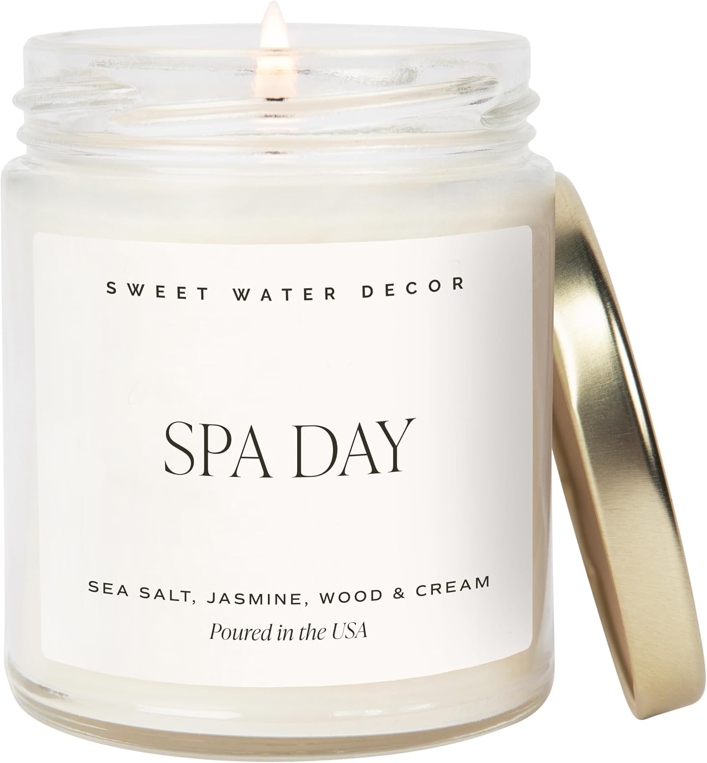 Sweet Water Decor Spa Day Soy Candle - Sea Salt, Jasmine, Wood and Cream Scented Spring Candles for Home - 9oz Clear Jar + Gold Lid, 40+ Hour Burn Time, Made in The USA