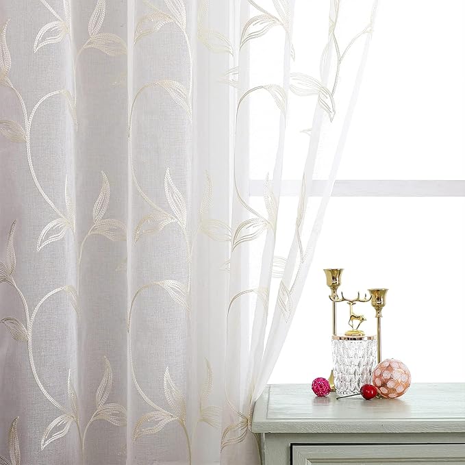 VISIONTEX Sheer Curtains 120 inch Length 2 Panels Set, White Voile Crushed Cream Vine Leaves Embroidery, Rod Pocket Embroidered Window Drapes for Living Room and Bedroom, 54" x 120"