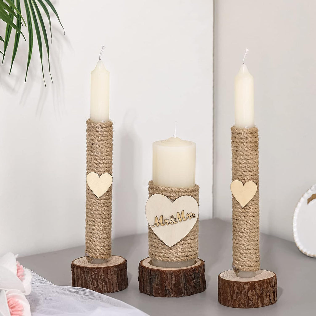 Amyhill 3 Pcs Rustic Unity Candles for Wedding Ceremony Set Mr and Mrs Burlap 1(5.9'') Pillar 2(9.8'') Taper Candles for Weddings Ceremony Events Decor Emergency Lighting(Romantic Style)