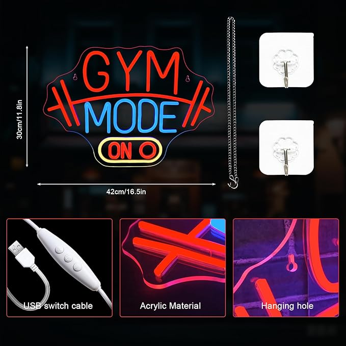Lucunstar Gym Mode Neon Sign,Red LED Neon Light for Wall Decor,Dimmable Switch USB Powered with LED Lights for Bussness Man Cave,Dumbbell Gym Club Decor