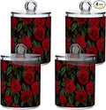 Gredecor Qtip Holder Dispenser 4 Pack Red Rose Flowers Leaves Apothecary Jars with Lids Bathroom Vanity Countertop Canister Storage Organizer for Cotton Ball,Swabs,Pads,Floss