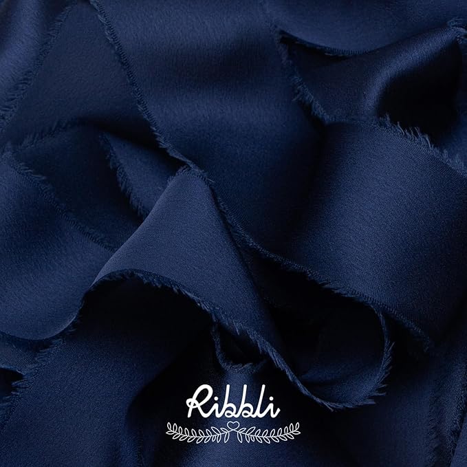 Ribbli Navy Blue Silk Satin Ribbon 1.5 Inch x 12 Yard Handmade Frayed Chiffon Ribbon with Wooden Spool for Gift Wrapping Wedding Invitations Bridal Bouquets Home Decor