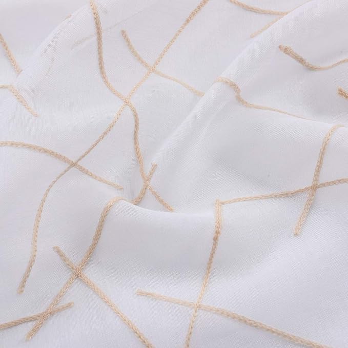 Sheer Beige Curtains 95 Inches Embroidered Branch Patterned Semi Sheer Window Treatments Rod Pocket Voile Curtain Panels for Living room, Bedroom, Yard, Patio, Villa, Parlor, Set of 2, 52"x95".