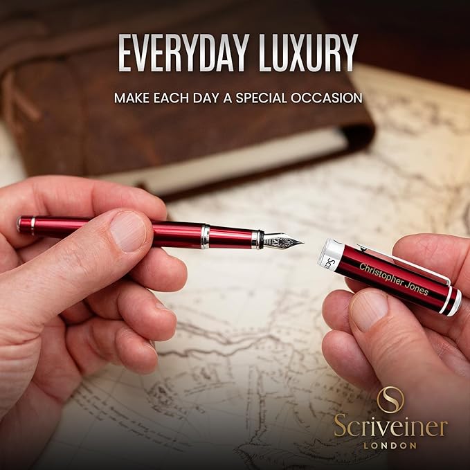 Scriveiner Personalized Deep Crimson Red Pen - Stunning Red Lacquer Luxury Pen with Chrome FinishGerman Schmidt Nib (Medium), Best Engraved Fountain Pen Gift Set for Men & Women, Name Engraving