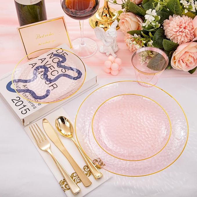 Rubtlamp 175 Pcs Pink Plastic Plates Dinnerware Set (25 Guests), Pink Disposable Plates With Gold Rim, Hammered Party Platos Set Include Dinner Plates, Dessert Plates, Cups, Cutlery for Party