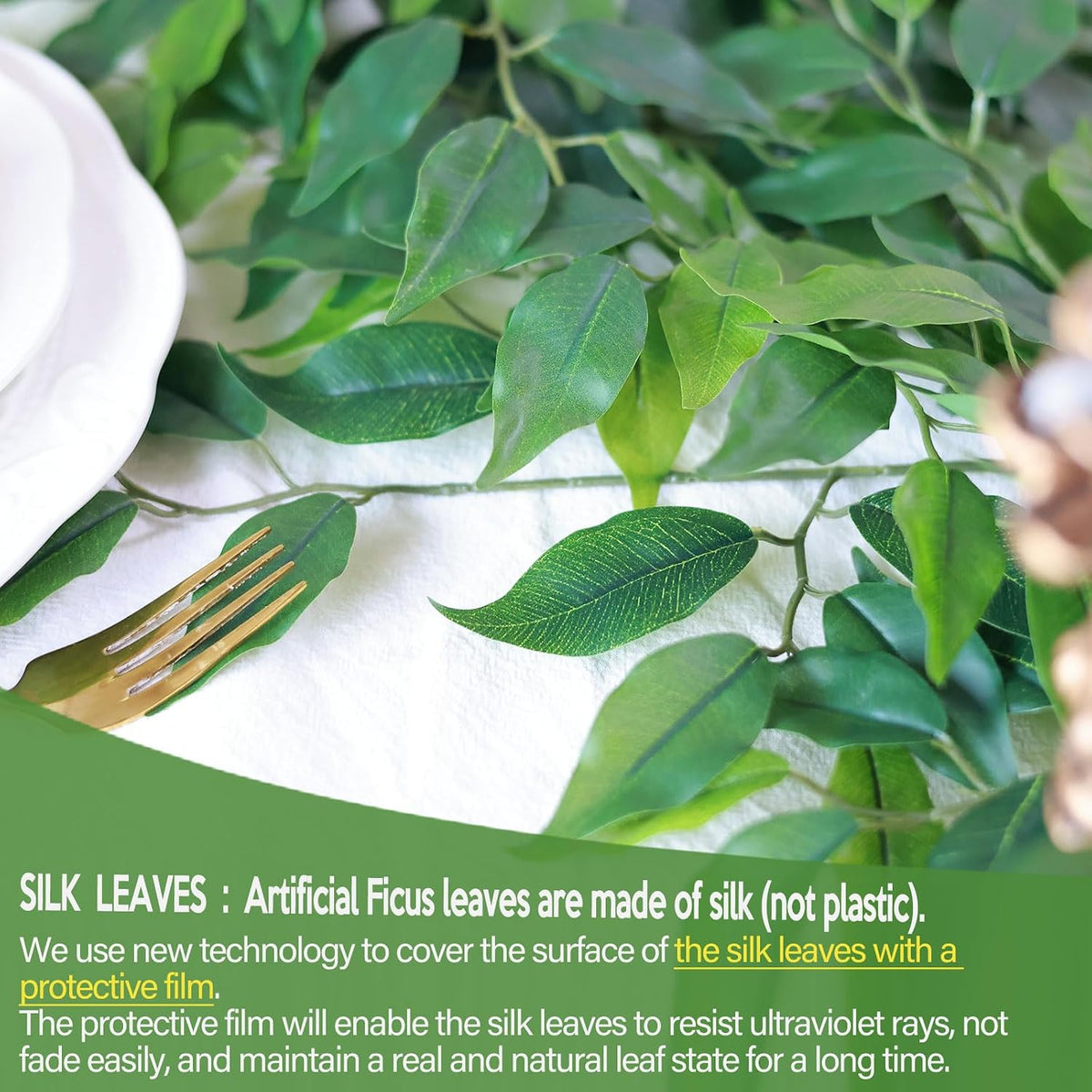 mizii 24pcs Artificial Greenery Stems Silk Green Leaves Fake 23in Ficus Garla...