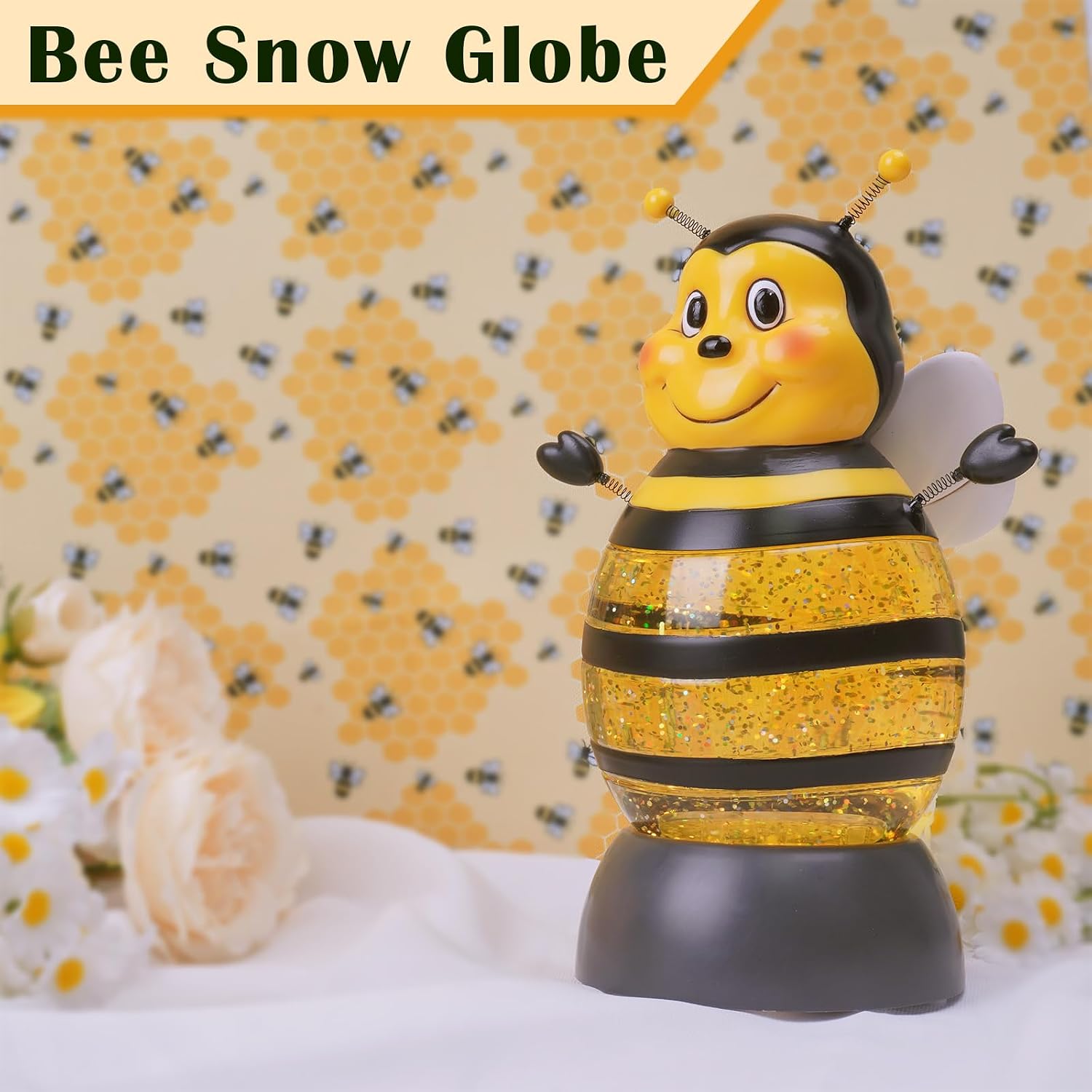 Summer Bee Snow Globe Decor with 6H Timer, Swirling Glitter Bee Snowglobe Spring and Summer Figurine Decorations, USB/Battery Operated, for World Bee Day Spring Holiday Home Decor and Gift