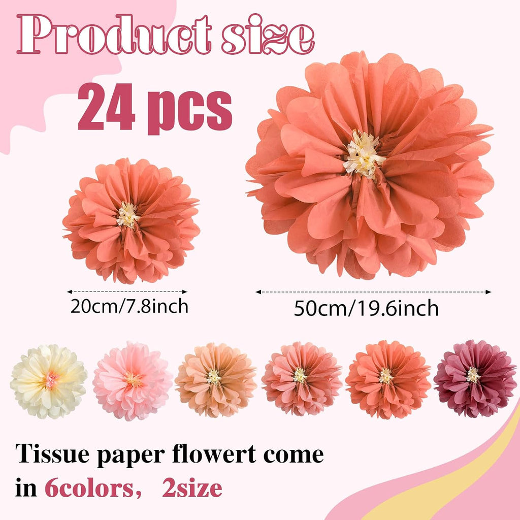 Watersay 24 Pcs 10" 20" Giant Mexican Fiesta Paper Flowers Colorful Tissue Crepe Flowers Pom Poms Craft for Floral Party Backdrop Wedding Birthday Party (Dusty Color)