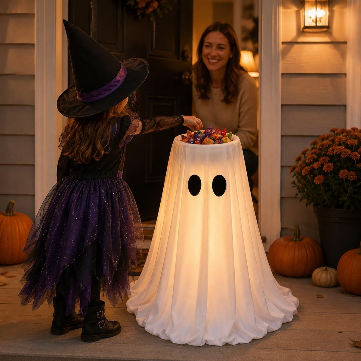 Lighted Halloween Ghost Candy Bowl,Halloween Ghost Decor with Remote