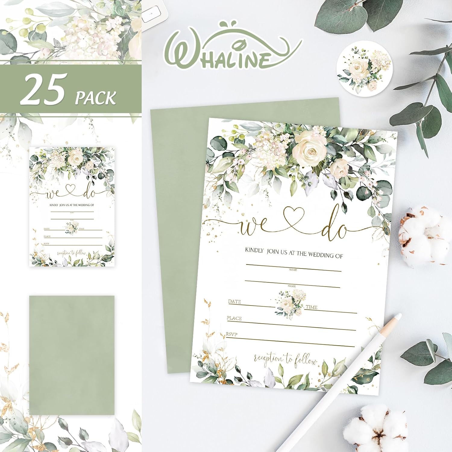 Whaline 25 Sets Greenery Floral Wedding Invitation with Envelopes Stickers Eucalyptus Leaves Fill in Blank Invites Cards for Bridal Shower, 5 x 7 Inch