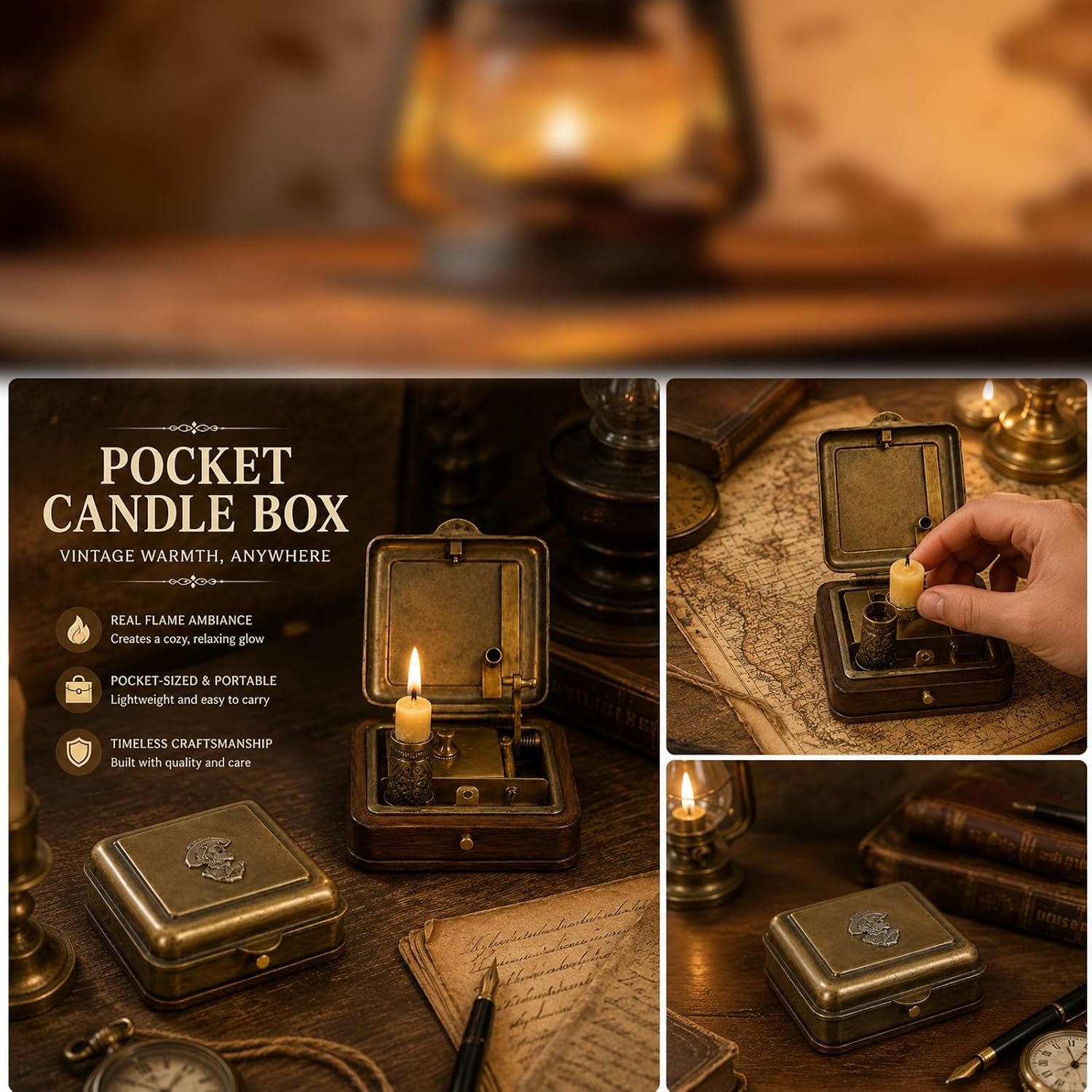 Mechanical Candle Box, Vintage Pocket Lighter & Candle Holder with Snuffer, Antique Brass Wind-Up Travel Candle Vault for Desk Decor, Camping, Collectors