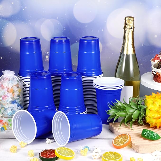 100 Pack 16 Ounce Halloween Plastic Party Cups Disposable Heavy Duty Drinking Water Cups for Holiday Christmas Festival Wedding New Year Party Supplies(Blue)