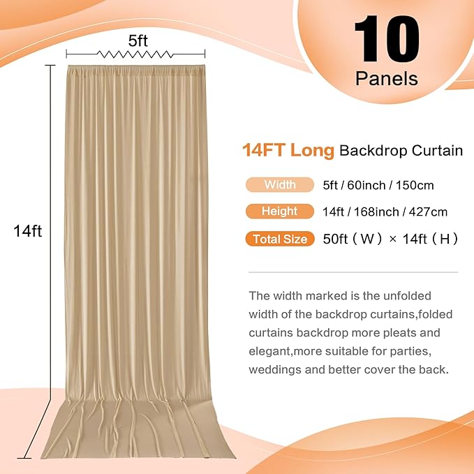 50×14 ft Wrinkle Free Beige Backdrop Curtain for Weddings Parties, 10 Panels 14ft Silky Polyester Wedding Drapes Backdrop Photo Back Drop Cloth for Birthday Baby Shower Photography Backgrounds