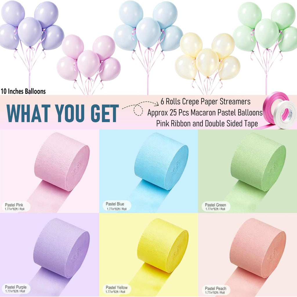 Pastel Streamers, 6 Rolls 492 Ft with Balloons, Pastel Crepe Paper Streamers for Birthday Decorations, Party Decorations, Holiday and Anniversary Decorations DIY (1.77 Inch X 82 Ft/Roll)