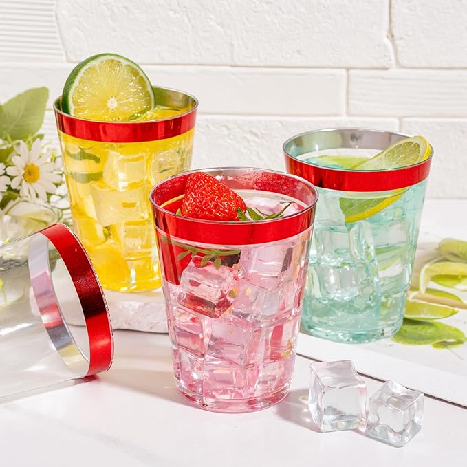DaYammi 100 Pack Red Plastic Cups 10 Oz Clear Red Rimmed Plastic Cups for Party Fancy Disposable Cup for Wedding Disposable Glasses Clear Tumblers with Rim for Birthday Elegant Wine Cocktail Cup