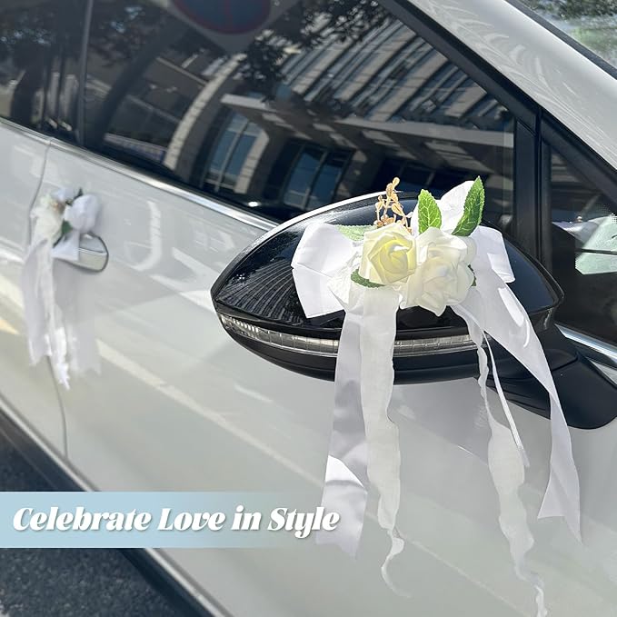 4PCS Wedding Car Door Handle Decorative Flowers, White Artificial Cars Bouquet Flower Bowknot Ribbon Decor, Just Married Automotive Decorations Accessories for Door Handles