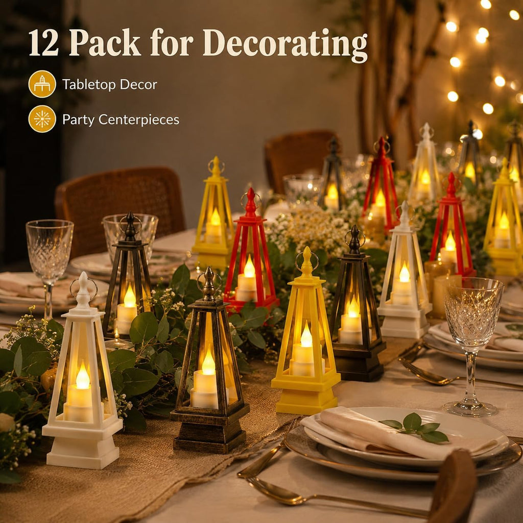 12 Pack Mini Decorative Candle Lanterns, 6.3 Inch Tabletop Hanging Lanterns with Warm Candle-Style Glow for Wedding Centerpieces, Party Favors, Holiday Home Decor