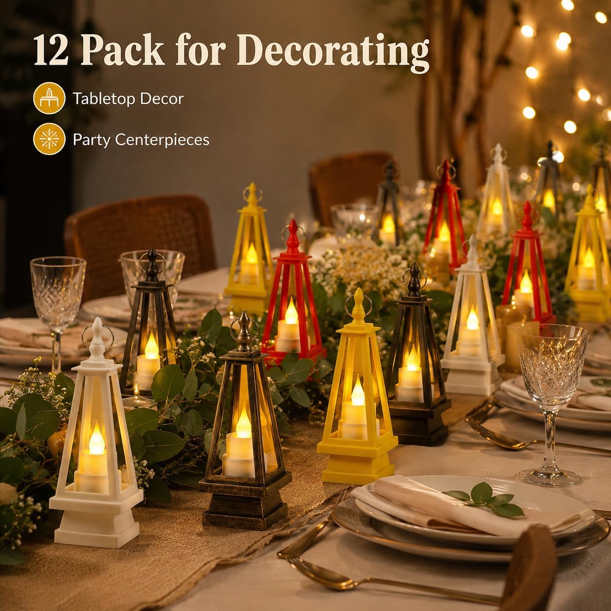 12 Pack Mini Decorative Candle Lanterns, 6.3 Inch Tabletop Hanging Lanterns with Warm Candle-Style Glow for Wedding Centerpieces, Party Favors, Holiday Home Decor