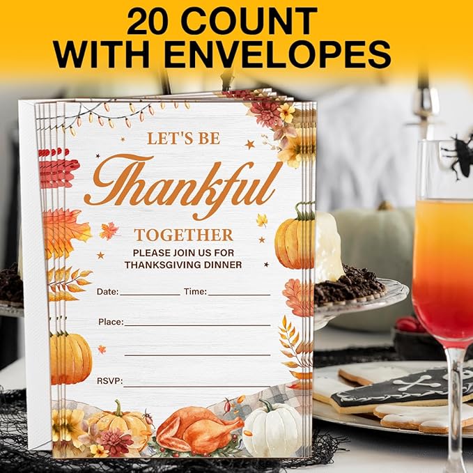 Thanksgiving Party Invitations, Fall Pumpkins Friendsgiving Thanksgiving Dinner Party Fill in Invites Cards With Envelopes (20 Count) Double Sided Design, Let's be Thankful Together