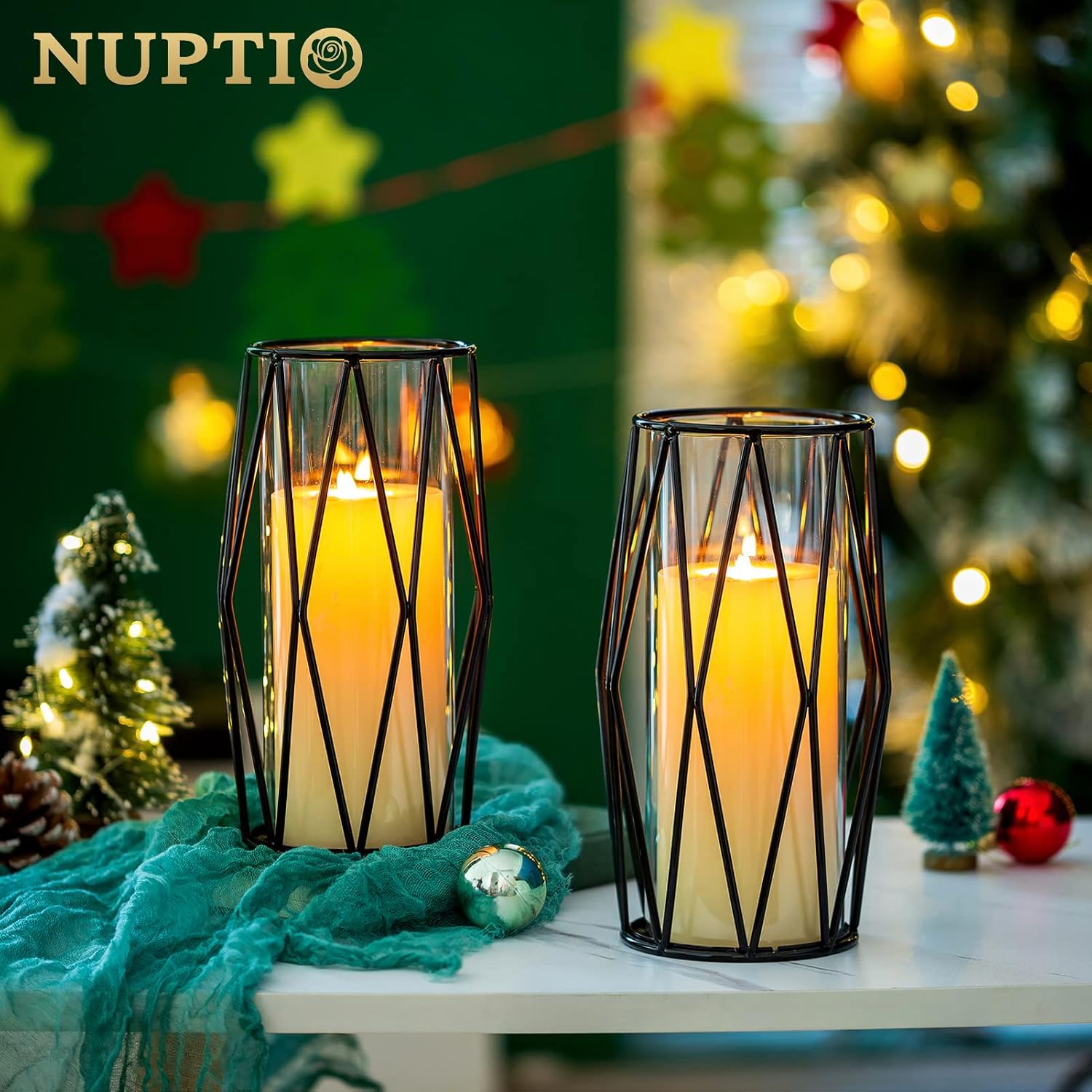 NUPTIO Black Geometric Hurricane Glass Candle Holder, 1 Piece | Compact Diamond Frame, Clear Cylinder Vase, for Flowers, Pillar & Floating Candles, Office or Dining Table Decor