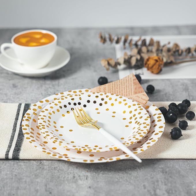 Lullaby 120PCS White Paper Plates, Disposable Gold Paper Plates, 60pcs Dinner Plates 9"，60pcs Dessert Plates 7", Party Plates with Golden Dot for Birthday, Gathering and Graduation