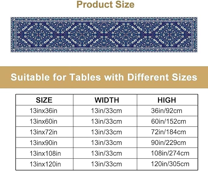 Boho Floral Vintage Table Runner, Retro Morris Abstract Blue Flower Rustic Country Farmhouse Pattern for Home Kitchen Table Decor Dining Coffee Room Wedding Party Decor 13x36in