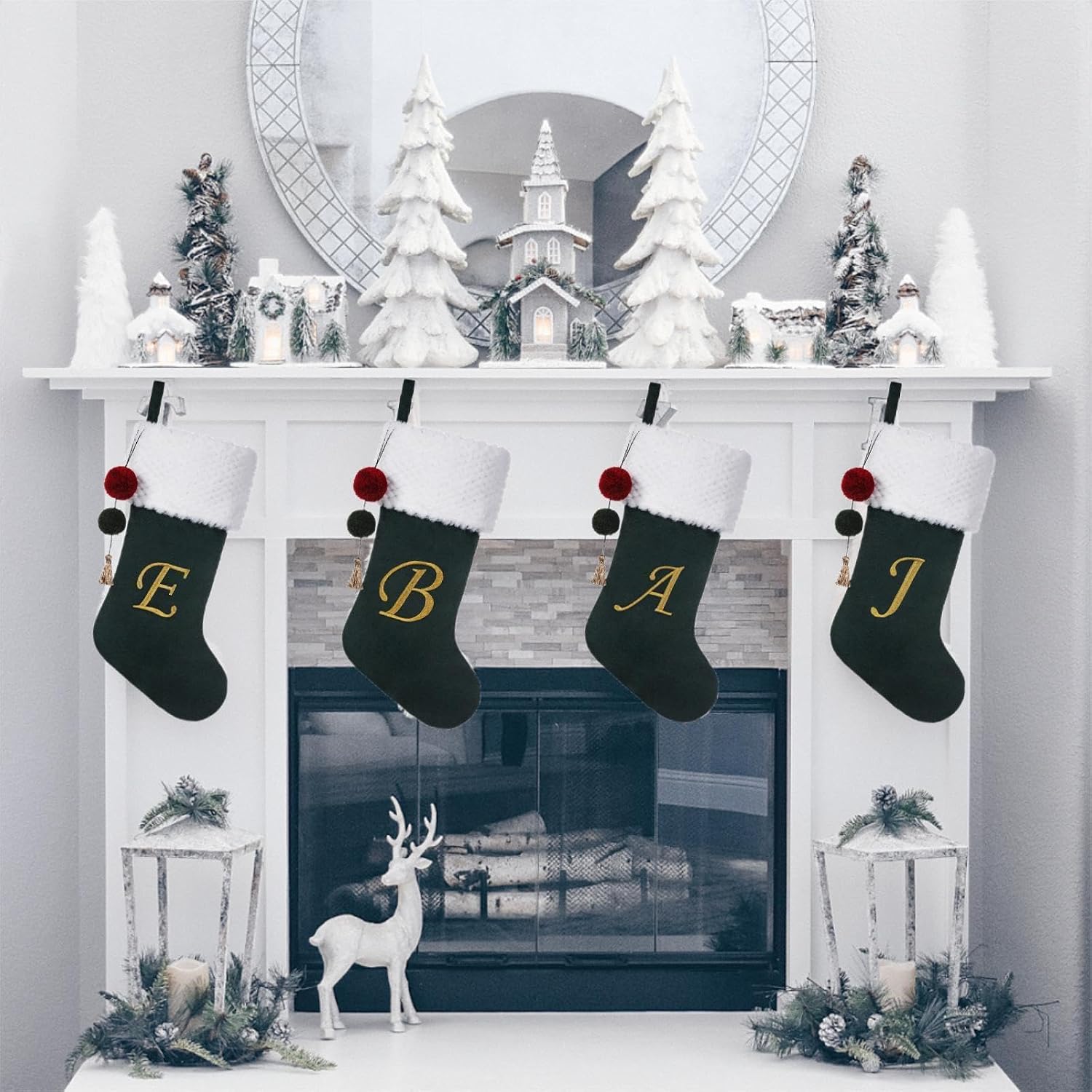 19.5 inches Personalized Velvet Christmas Stocking,Initials Embroidered Letter Christmas Stocking with pom poms, for Fireplace Hanging Decor and Xmas Gift(Green M)