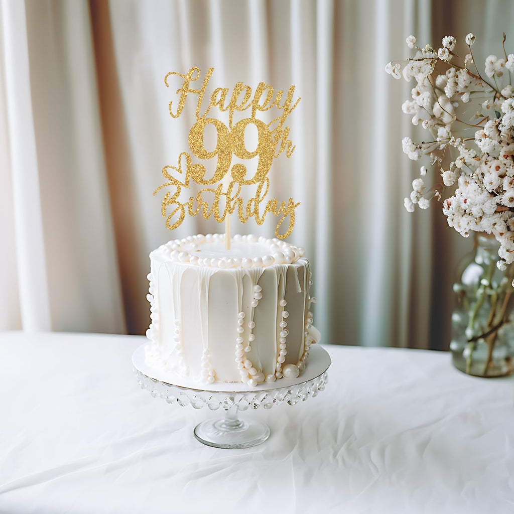 Happy 99th Birthday Cake Topper, 99th Birthday Decorations for Men/Women, Cheers to 99 Years, 99 Fabulous, 99th Happy Birthday Party Supplies Gold Glitter