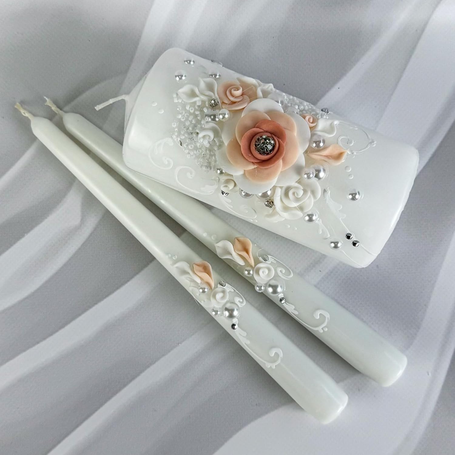 Unity Candle Set - Wedding Ceremony & Reception – 6” Pillar & Two 10” Taper Candles – Long Burning Unity Candles for Marriage Ritual – Handmade in USA – White | Rose