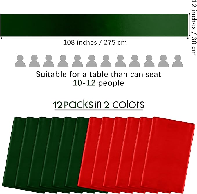 Aneco 12 Pack Christmas Satin Table Runner 12 x 108 Inch Xmas Red, Black Green Long Wedding Satin Silk Table Runner for Wedding Banquet Graduations Birthday Christmas Party Decoration
