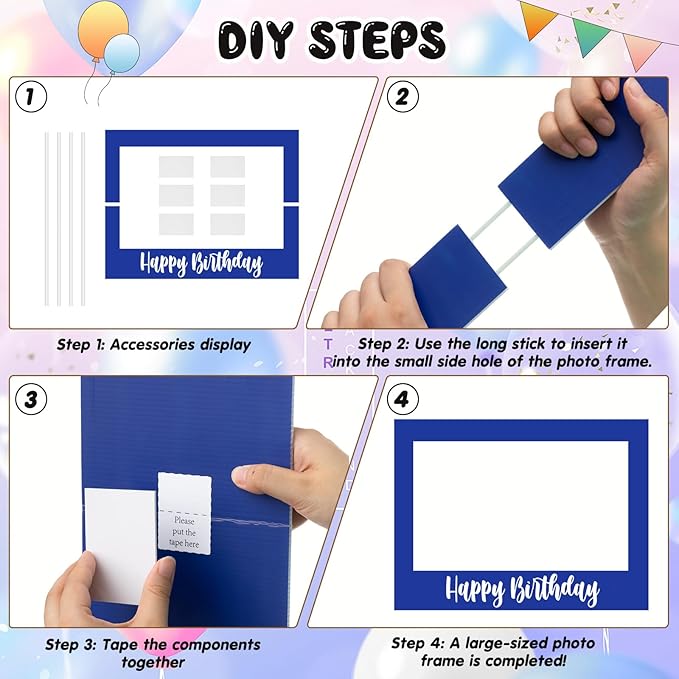 32 x 24 Inch Large Photo Booth Props Picture Frame Happy Birthday Party Frame DIY Cutouts Photo Booth Props Selfie for Party Supplies Favors (Horizontal,Blue White)