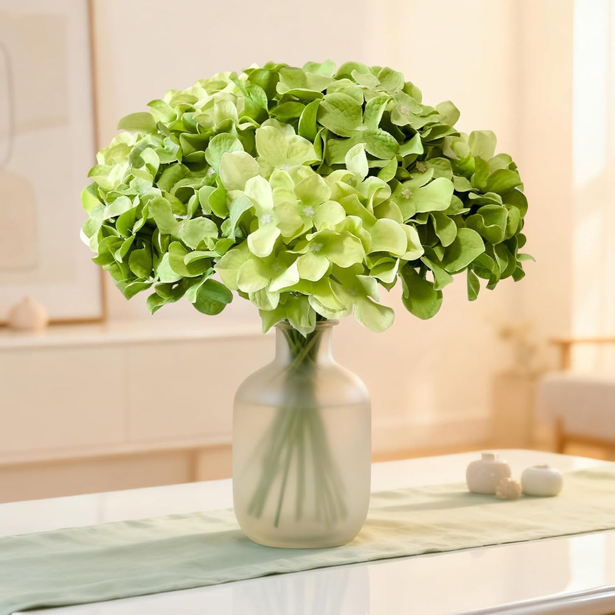 faux green mix hydrangea artificial flowers bulk fake on a desk or shelf