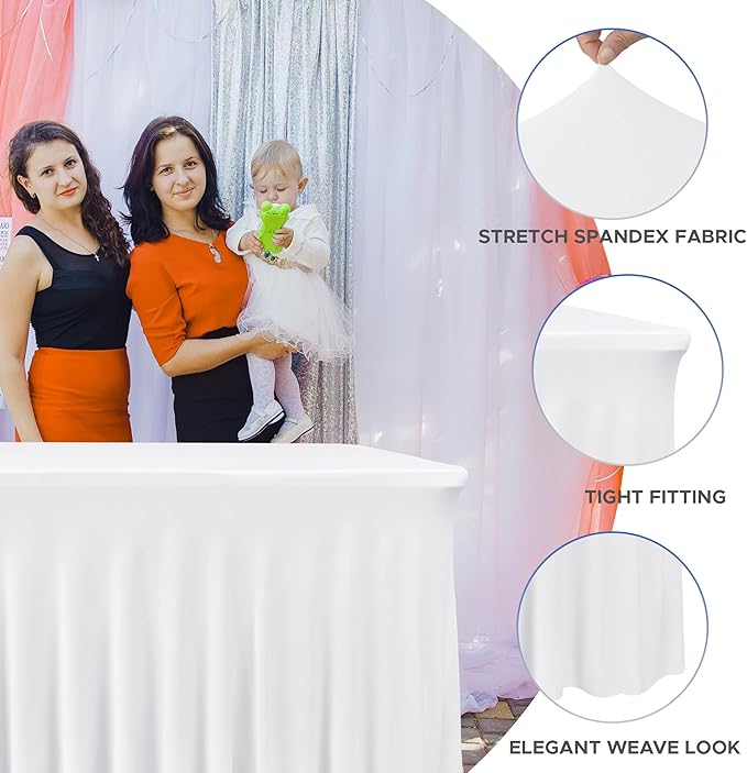 Nasitos White Table Skirt for 6 Foot Rectangle Tables, 4 Pack - 72 x 30 Inch - Stretch Spandex Fitted Table Clothes, Fabric Table Covers Cocktail Tablecloths for Party, Banquet, Birthday