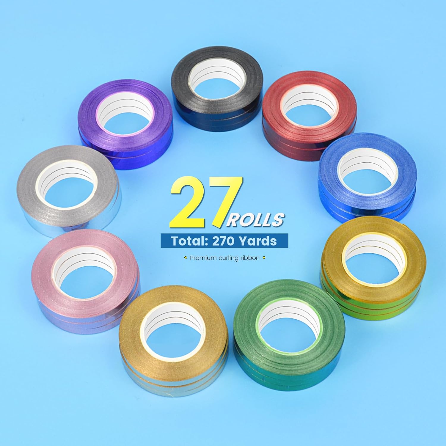 9 Colors Glossy Curling Ribbon Set, Balloon String 1/5" X 10 Yards Per Roll, 27 Rolls Curling Ribbons for Gift Wrapping, Christmas Decorations, Birthday Party, Bows Crafts (Total 270 Yards)