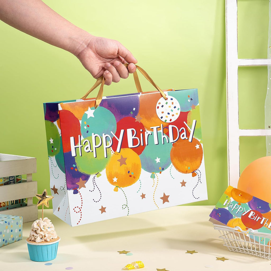 Loveinside Colorful Birthday Gift Bag, Balloons Pattern with HAPPY BIRTHDAY Text, Matching Tissue Paper, Greeting Card and Tag, Ideal for Kids' Birthday Gifts, 13" x 5" x 10", 1 Pcs