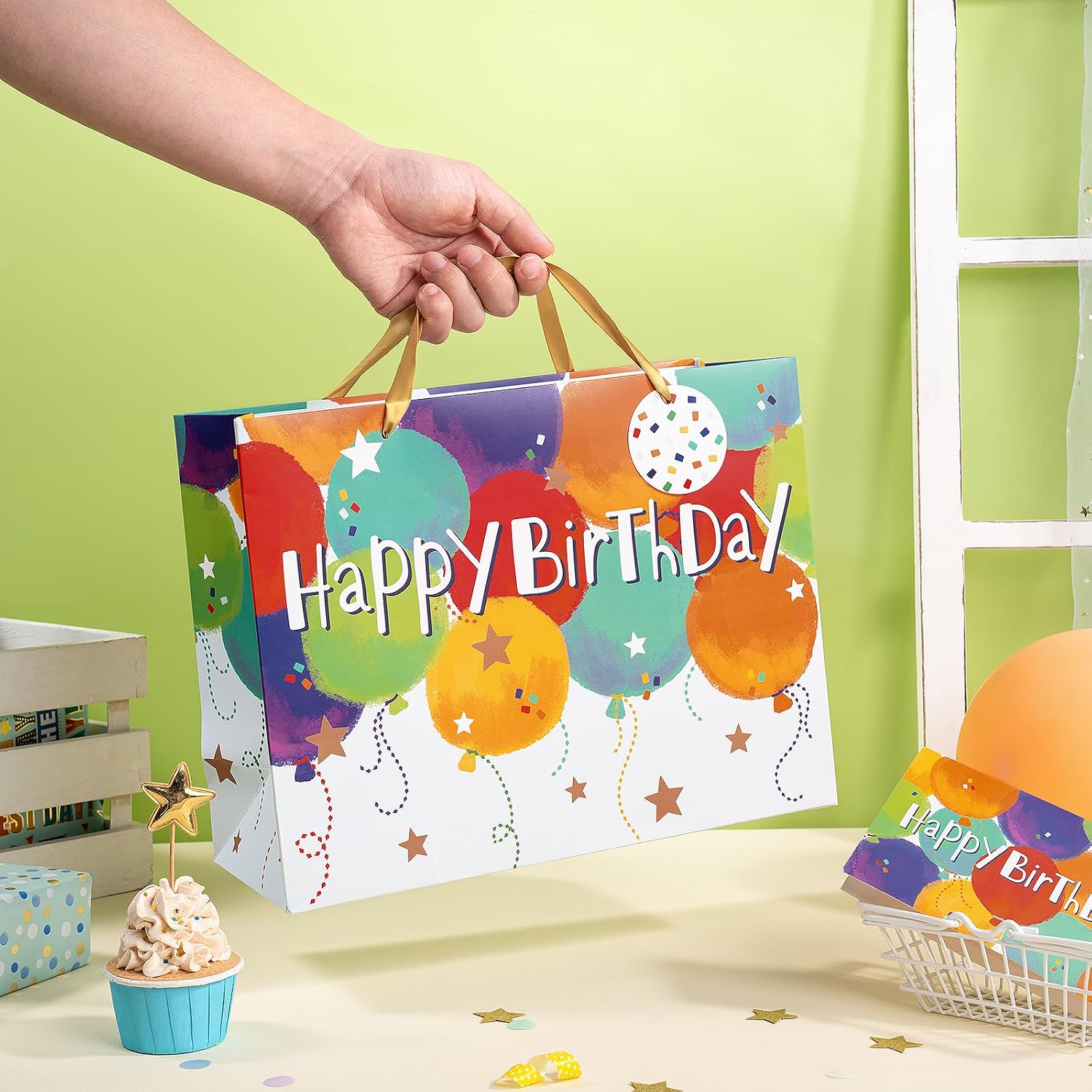 Loveinside Colorful Birthday Gift Bag, Balloons Pattern with HAPPY BIRTHDAY Text, Matching Tissue Paper, Greeting Card and Tag, Ideal for Kids' Birthday Gifts, 13" x 5" x 10", 1 Pcs