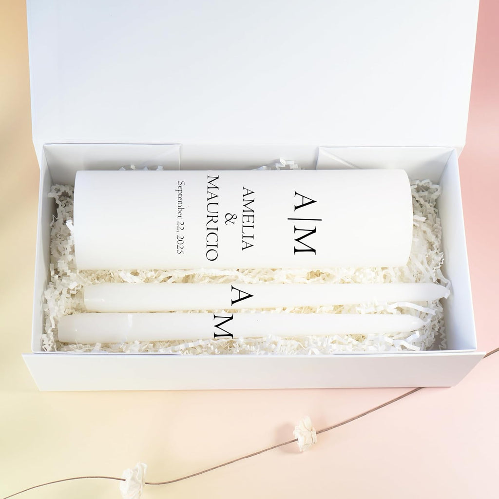 Unity Candles for Wedding, Modern Unity Set, Custom and Personalized Pillar and Taper Candles, Custom Date and Names. Unscented White Premium Wax, Religious and Wedding Ceremony, Special Events