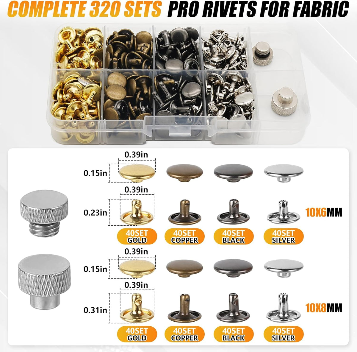 Leather Rivets Press Tool Kit – 320 Sets 4 Colors 2 Sizes Double Cap Rivets a...