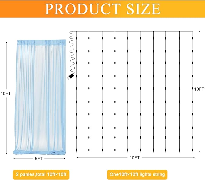 Fomcet Tulle Backdrop Curtains with Lights String Baby Blue 10FT X 10FT Sheer Curtains with Lights Tulle Curtain Backdrop for Wedding Birthday Party Photo Shoot (2 Panels 5x10FT)