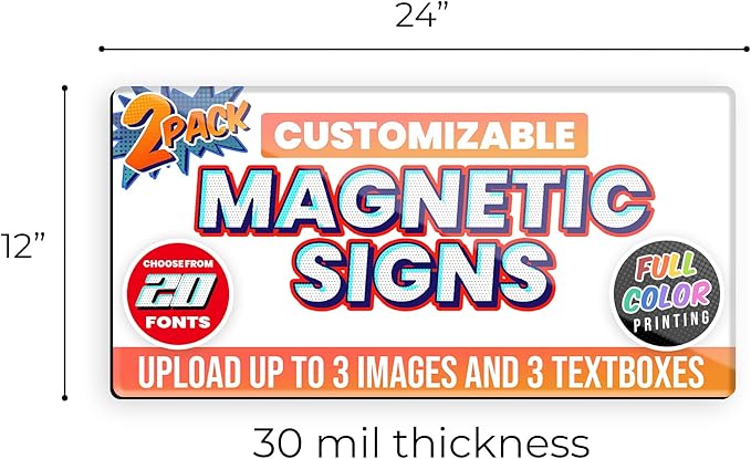 2-Pack,12"x24" Custom Magnet Signs in Full Color for Business and Advertising, 30 mil Customized Vinyl Car Magnets, Personalized Magnetic Sheets for Company Storefront & Vehicles (Rounded Corners)