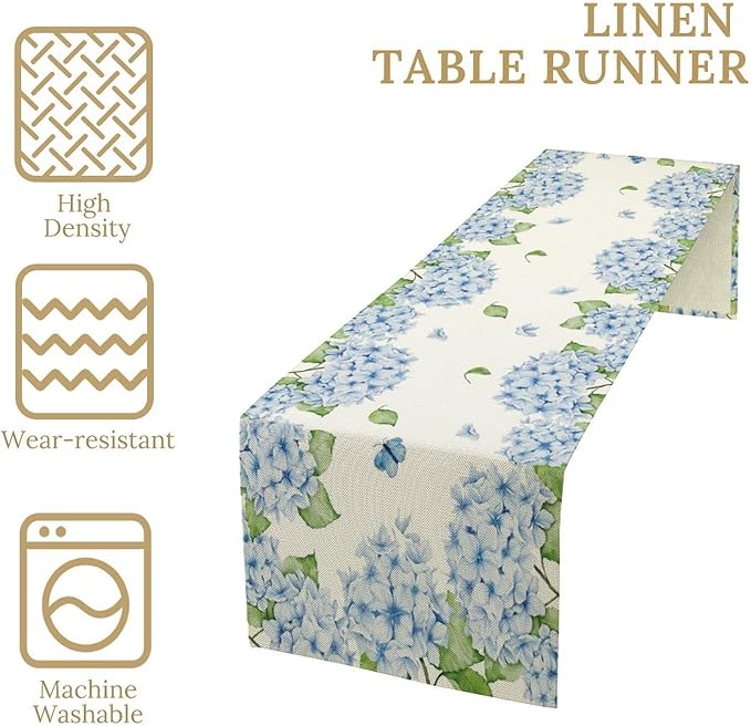 Watercolor Hydrangea Flower Table Runner, Spring Summer Seasonal Plants Butterfly Blue Dinner Runner for Home Kitchen Dining Table Party Holiday Decoration 13"x36"