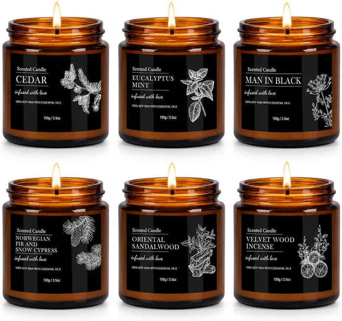 Scented Candles for Men, 6 Pack Soy Candle Gift Set, 150 Hour Burn Time, Sandalwood Cedar Aromatherapy Candles Gifts for Birthday Christmas for Men Dad Husband Boyfriend