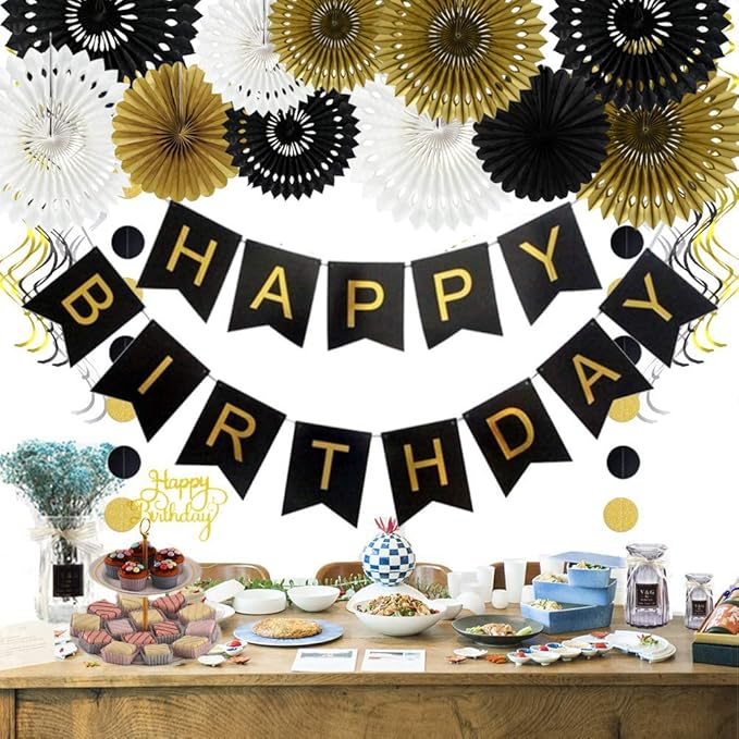 BEISHIDA Black Gold White Hanging Honeycomb Round Paper Fans Decoration Set for New Year Baby Shower Birthday Wedding Bachelorette Photo Booth Backdrops Anniversary Paper Party Supplies（11packs）
