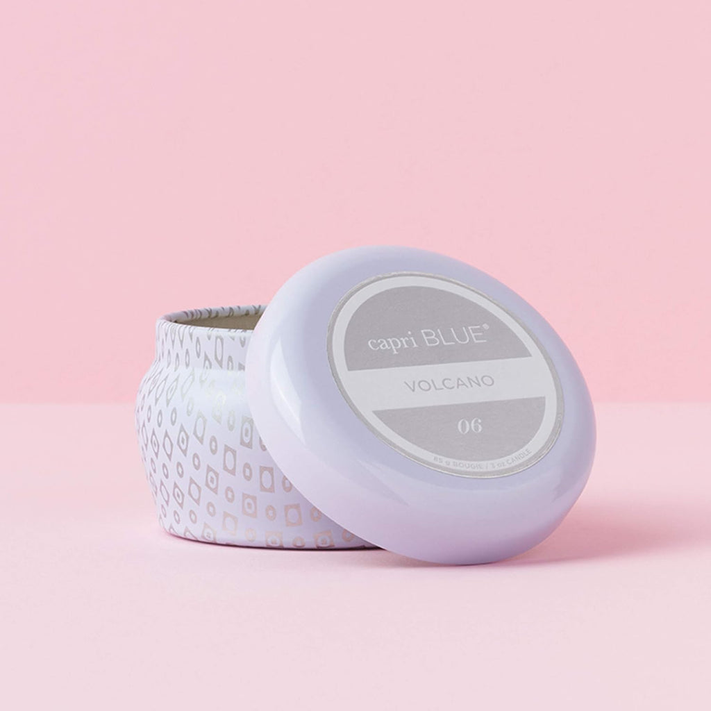 Capri Blue Volcano Scented Mini Tin Jar Candle | White, 3 oz | Printed Mini Tin Candles for Home Scented with Tropical Fruit & Sugared Citrus - Long Lasting Soy Wax Blend