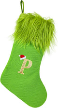 Green Christmas Stockings with Initials, 18” Knit Monogram Christmas Stockings with Golden Letter, Large Personalized Christmas Stocking for Christmas Tree Fireplace Home Decor