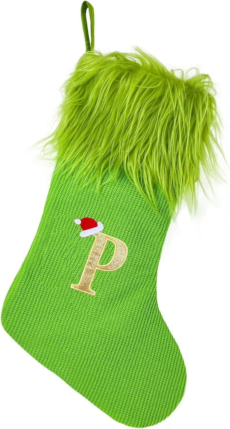 Green Christmas Stockings with Initials, 18” Knit Monogram Christmas Stockings with Golden Letter, Large Personalized Christmas Stocking for Christmas Tree Fireplace Home Decor
