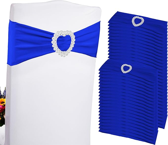 100PCS Spandex Stretch Royal Blue Chair Sashes Bows Universal Elastic Chair Cover Bands Ties with Buckle Slider for Wedding Party Ceremony Reception Event Banquet Decoration(Royal Blue)