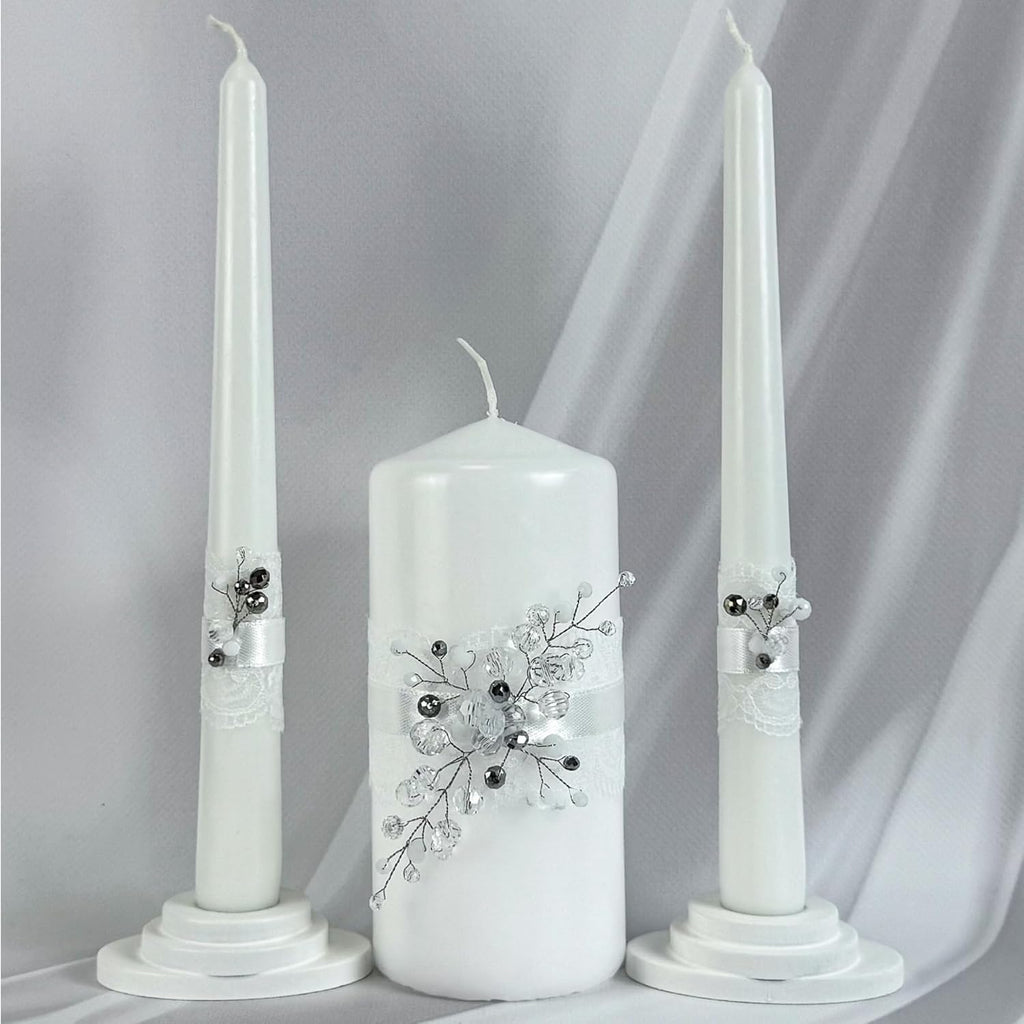 Unity Candle Set - Wedding Ceremony & Reception – 6” Pillar & Two 10” Taper Candles – Long Burning Unity Candles for Marriage Ritual – Handmade in USA –Diamond | White