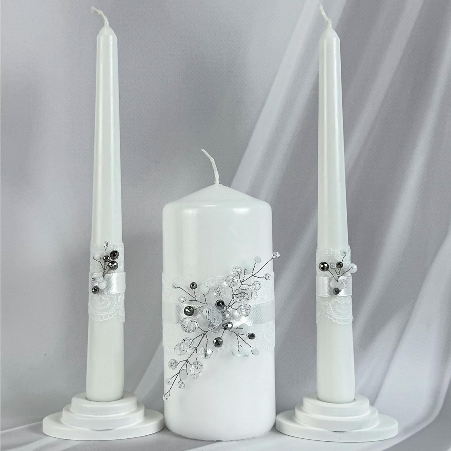 Unity Candle Set - Wedding Ceremony & Reception – 6” Pillar & Two 10” Taper Candles – Long Burning Unity Candles for Marriage Ritual – Handmade in USA –Diamond | White